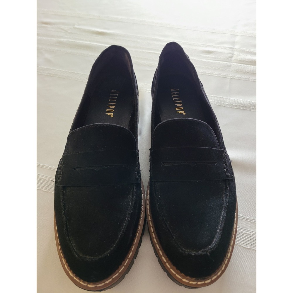Women's Jellypop Paris chunky platform loafers in black faux suede. Size 10M